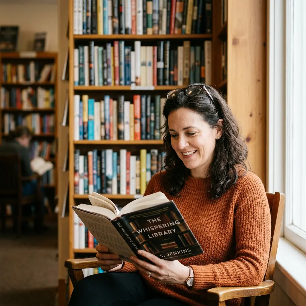 Author reading book in library